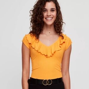 Aritzia Wilfred Tee Danette Crop Orange Frilly Modal Coquette Spandex Ruffled L